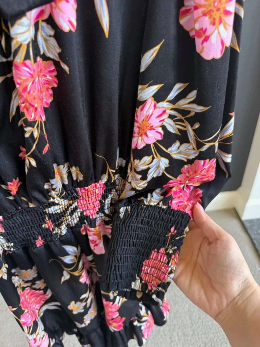 MISA Black Floral Smocked-Waist Mini Dress XS